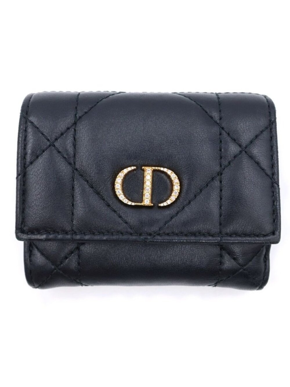 Dior Caro Macro Cannage Crystal Wallet Trifold Black Leather Gold
